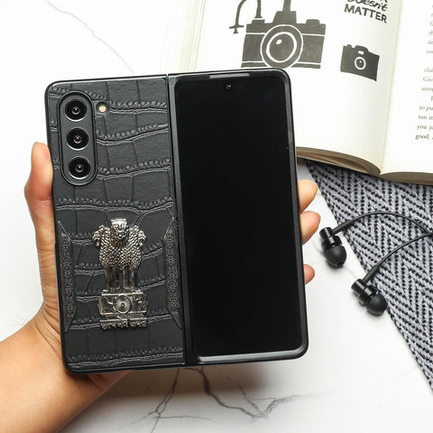 Black (Pattern 5) Satyameva Jayate embossed Leather Case for Samsung Galaxy Z Fold 4