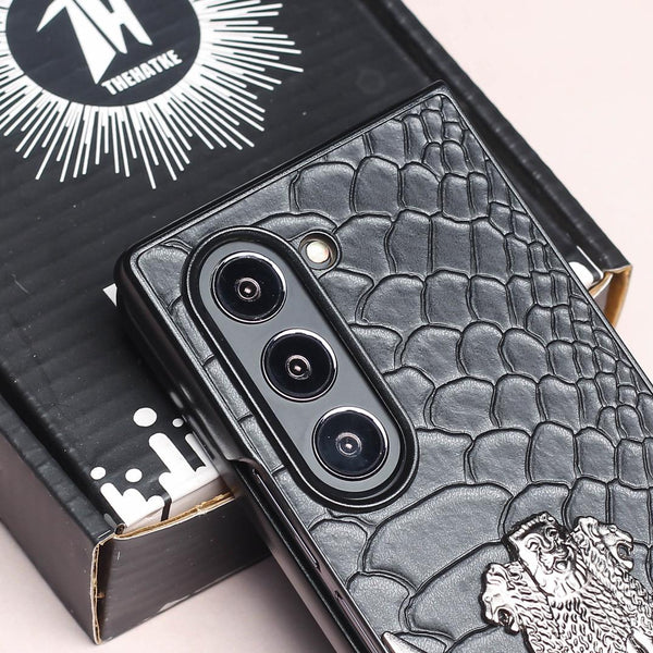 Black (Pattern 8) Satyameva Jayate embossed Leather Case for Samsung Galaxy Z Fold 3