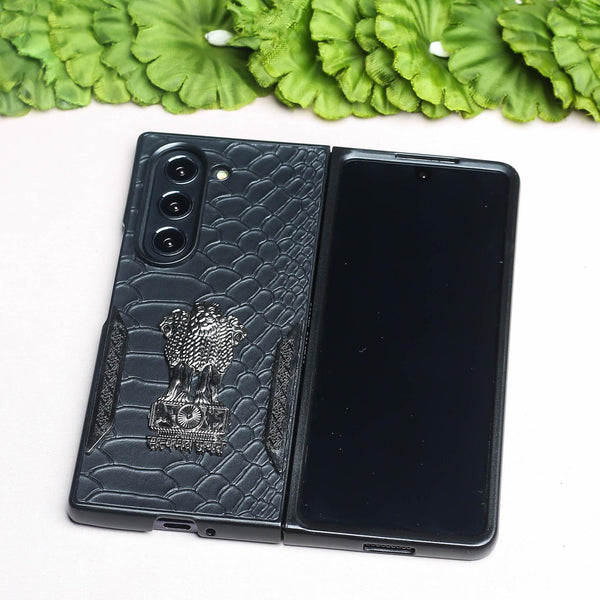 Black (Pattern 8) Satyameva Jayate embossed Leather Case for Samsung Galaxy Z Fold 3