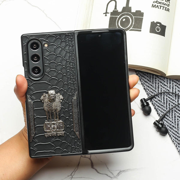 Black (Pattern 8) Satyameva Jayate embossed Leather Case for Samsung Galaxy Z Fold 3