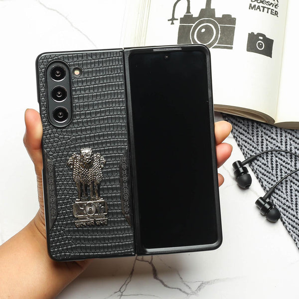 Black (Pattern 3) Satyameva Jayate embossed Leather Case for Samsung Galaxy Z Fold 3