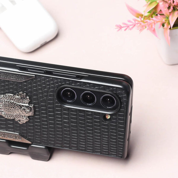 Black (Pattern 3) Satyameva Jayate embossed Leather Case for Samsung Galaxy Z Fold 3