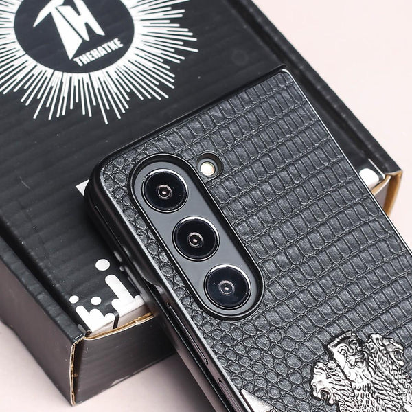 Black (Pattern 3) Satyameva Jayate embossed Leather Case for Samsung Galaxy Z Fold 3