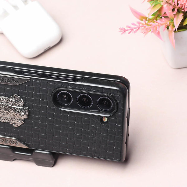 Black (Pattern 2) Satyameva Jayate embossed Leather Case for Samsung Galaxy Z Fold 3
