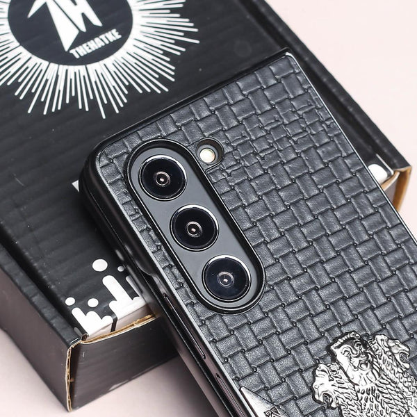 Black (Pattern 2) Satyameva Jayate embossed Leather Case for Samsung Galaxy Z Fold 3