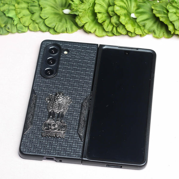 Black (Pattern 2) Satyameva Jayate embossed Leather Case for Samsung Galaxy Z Fold 3