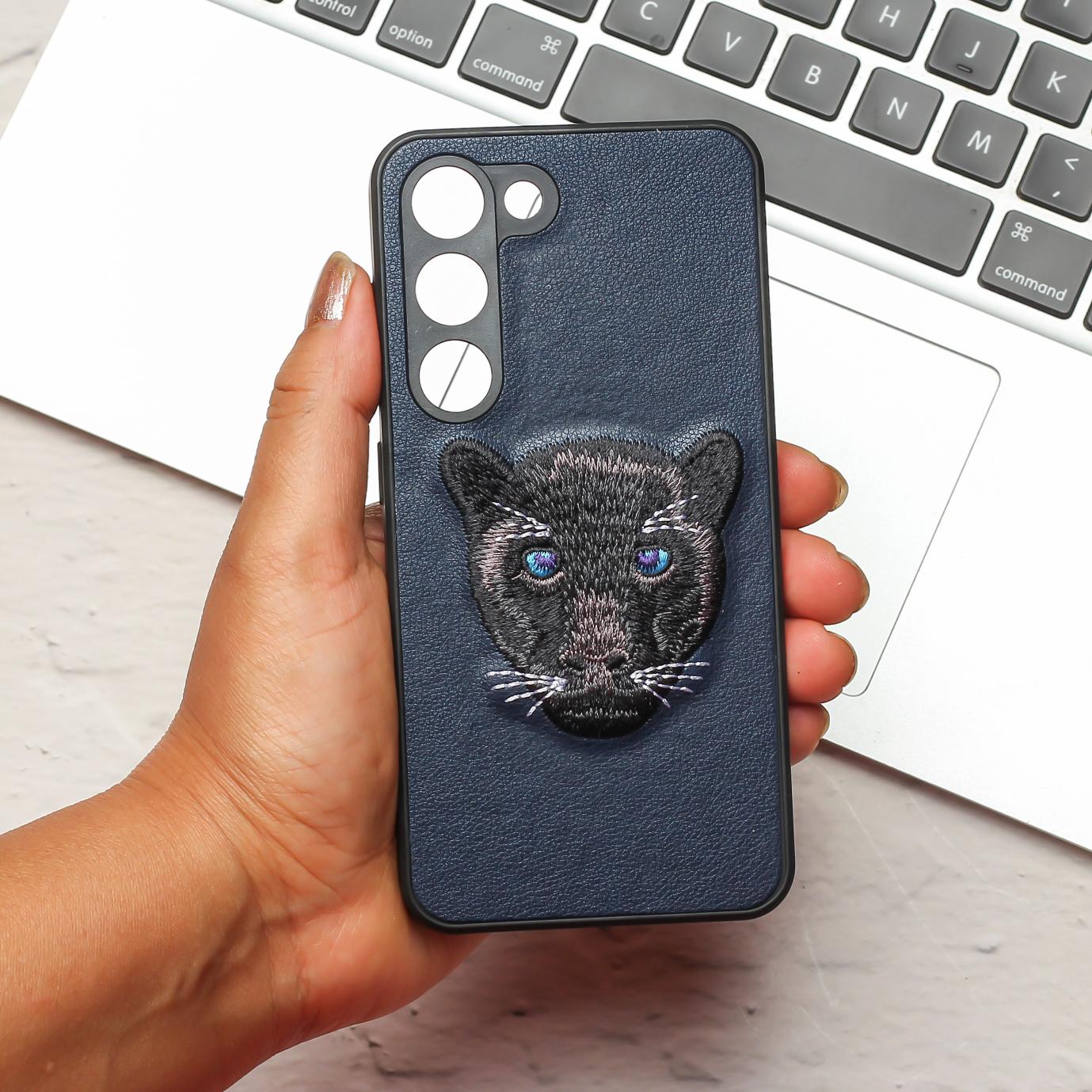 Dark Blue Leather Black Panther Ornamented for Samsung S21 FE