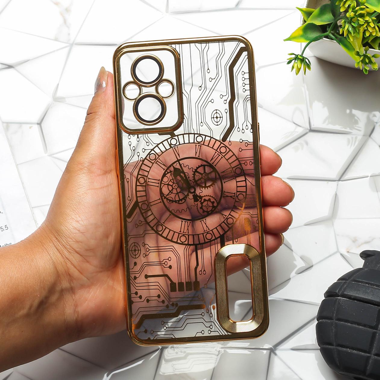 Golden Watch Machine Logo Cut Transparent Case for Oppo F21 Pro