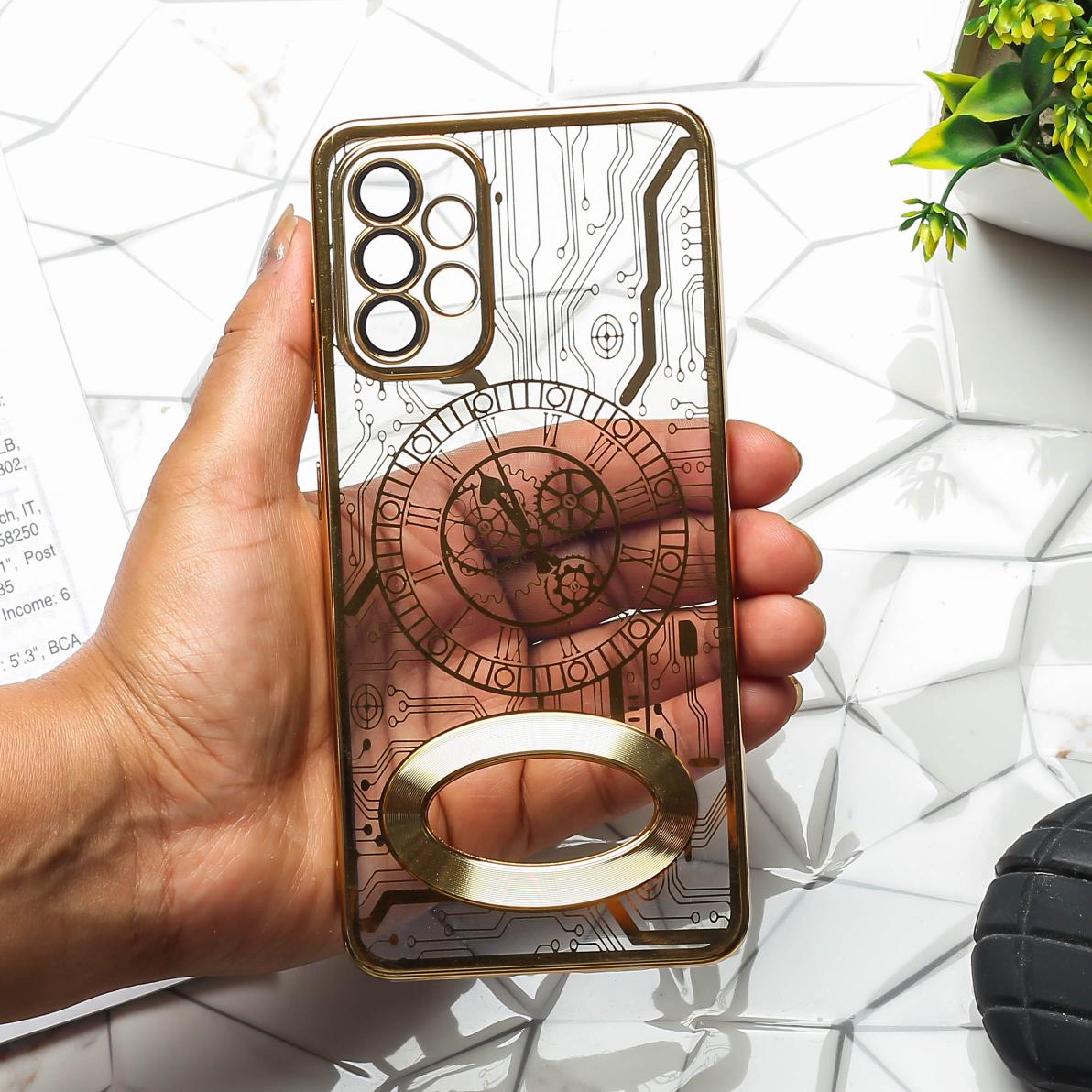 Gold Watch Machine Logo Cut Transparent Case for Samsung A32 4g