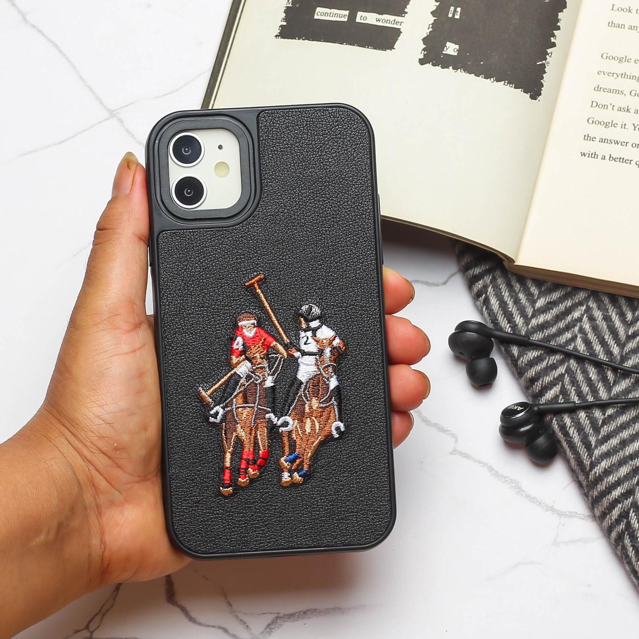 Black Leather Dual Horse rider Ornamented for Apple iPhone 11