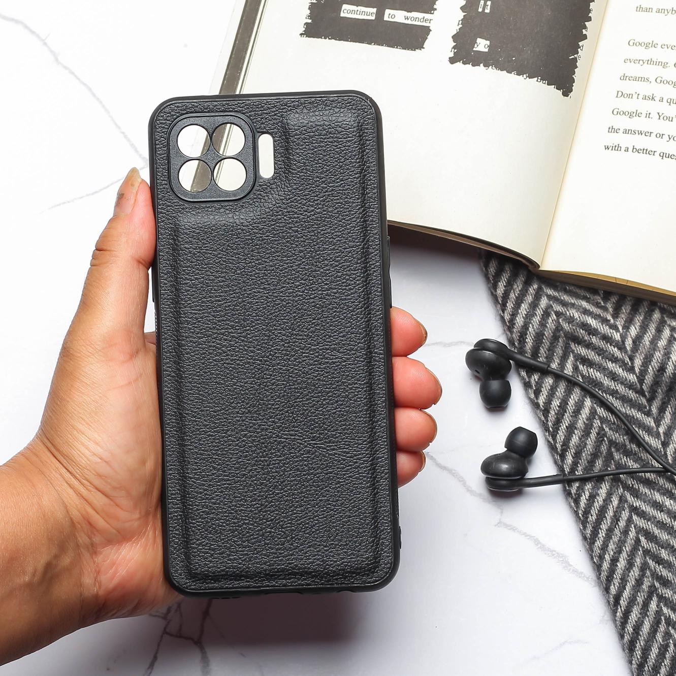 Raised Edges Black Leather Case for Oppo F17 Pro