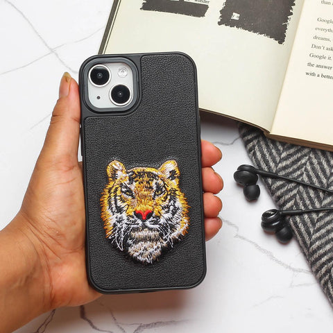 Black Leather Yellow Lion Ornamented for Apple iPhone 15