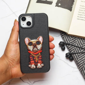 Black Leather Bulldog Ornamented for Apple Iphone 13