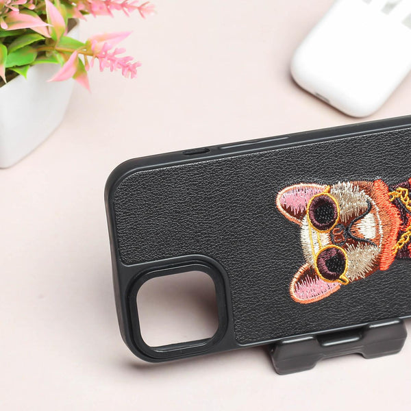 Black Leather Bulldog Ornamented for Apple Iphone 15 Plus