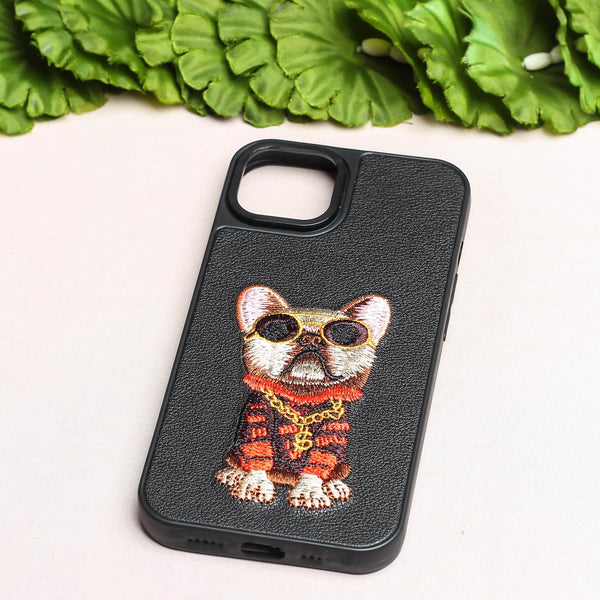 Black Leather Bulldog Ornamented for Apple Iphone 14 Plus