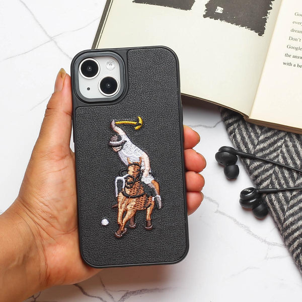 Black Leather Horse rider Ornamented for Apple iPhone 15 Plus