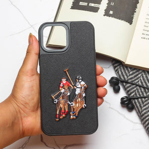 Black Leather Dual Horse rider Ornamented for Apple iPhone 14 Pro