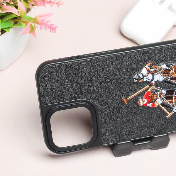 Black Leather Dual Horse rider Ornamented for Apple iPhone 15 Pro Max