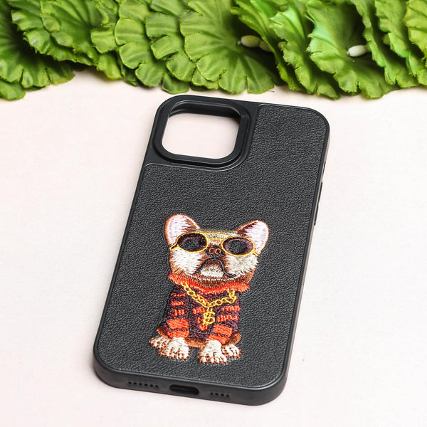 Black Leather Bulldog Ornamented for Apple Iphone 15 Pro