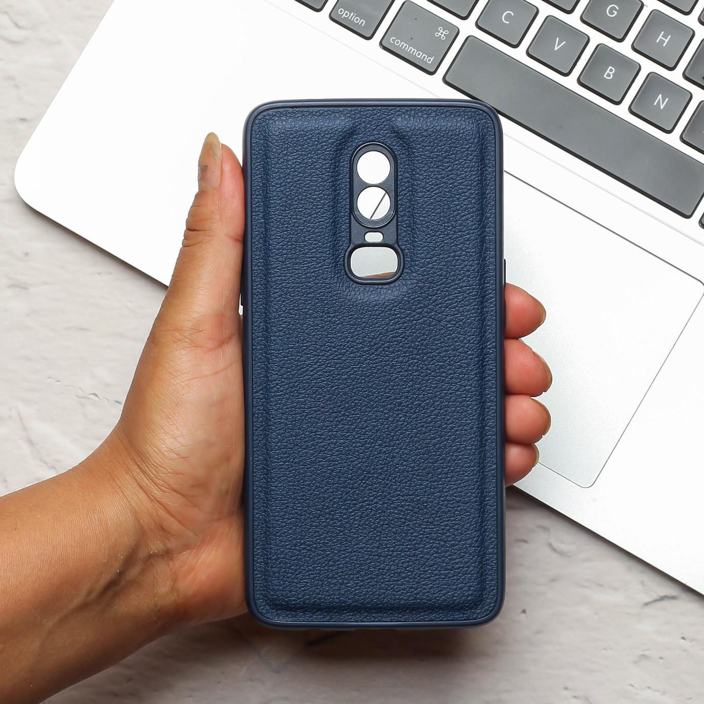 Raised Edges Dark Blue Leather Case for Oneplus 6
