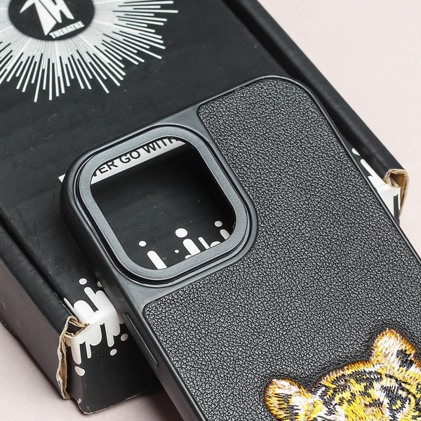 Black Leather Yellow Lion Ornamented for Apple iPhone 15 Pro