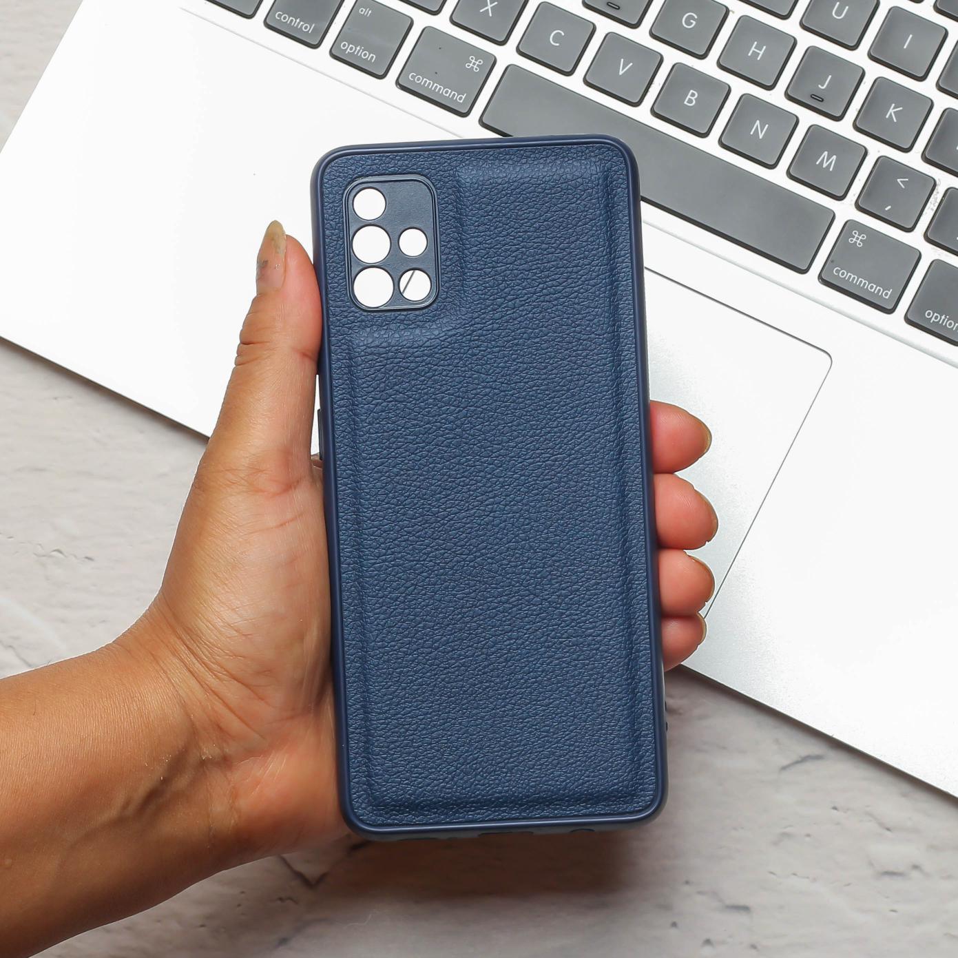 Raised Edges Dark Blue Leather Case for Samsung A51