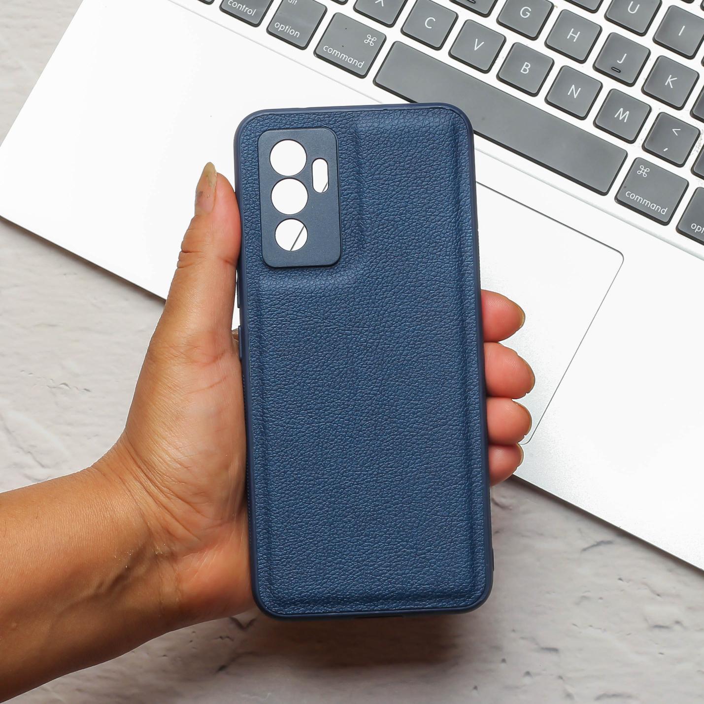 Raised Edges Dark Blue Leather Case for Vivo V23e