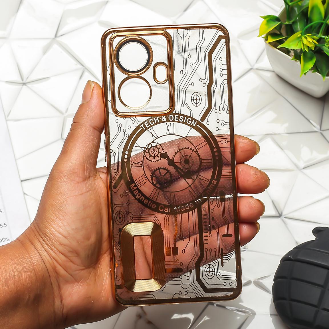 Golden Watch Machine Logo Cut Transparent Case for Realme 10 Pro Plus