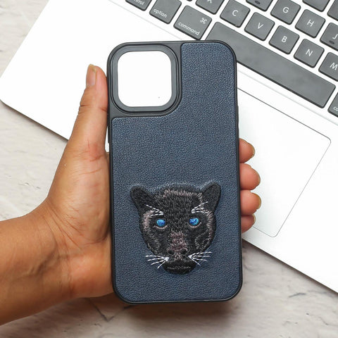 Dark Blue Leather Black Panther Ornamented for Apple Iphone 15 Pro Max