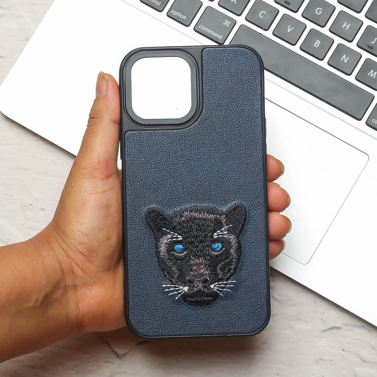 Dark Blue Leather Black Panther Ornamented for Apple Iphone 12 Pro