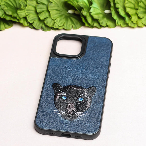 Dark Blue Leather Black Panther Ornamented for Apple Iphone 14 Pro Max