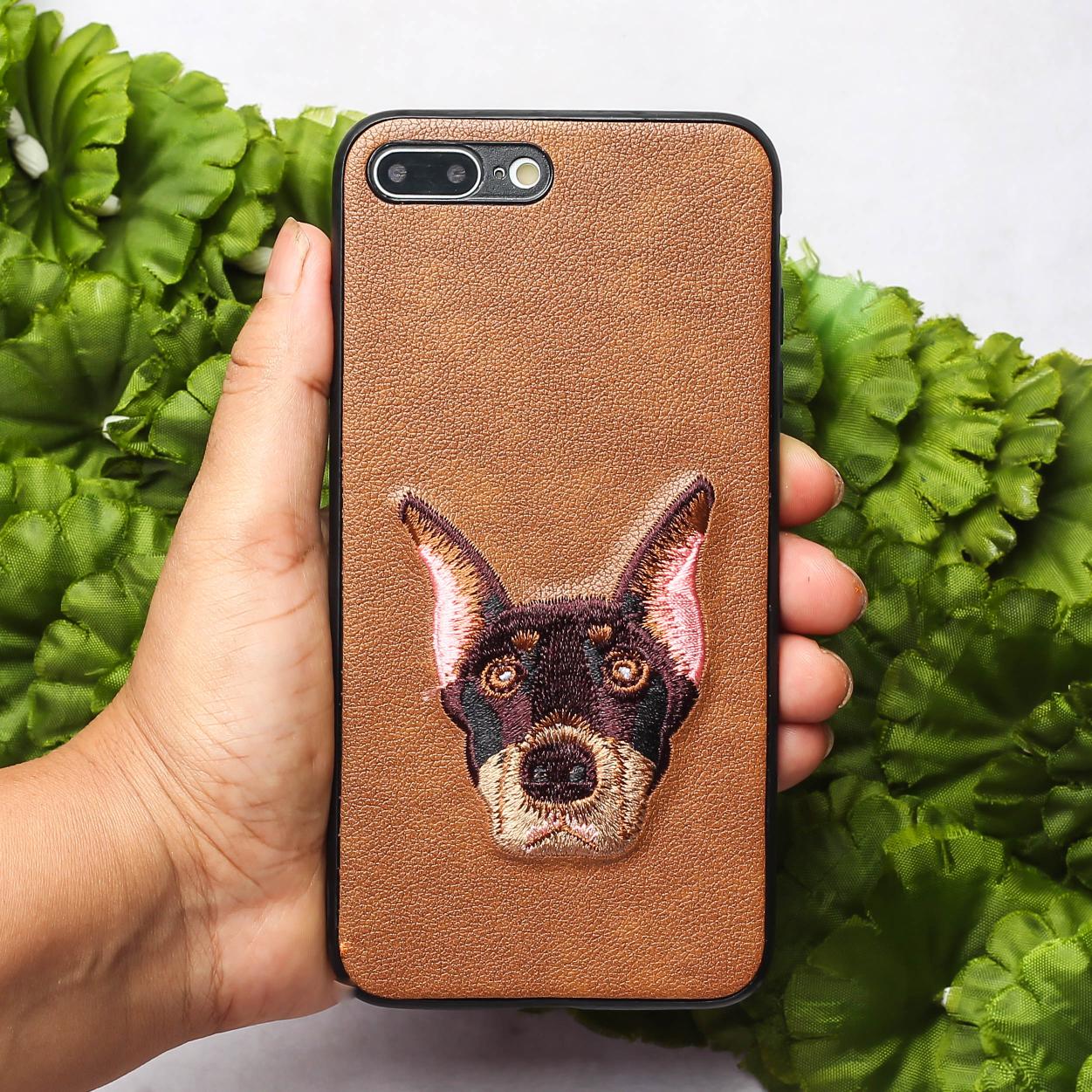 Brown Leather Doberman Ornamented for Apple Iphone 8 Plus