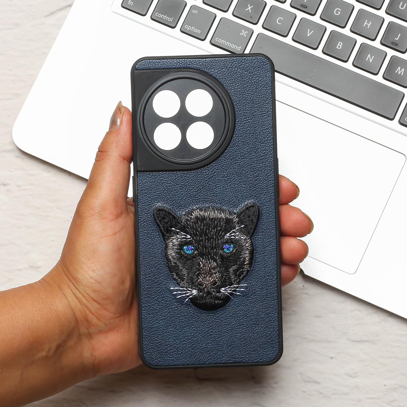 Dark Blue Leather Black Panther Ornamented for Oneplus 11R