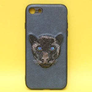 Dark Blue Leather Black Panther Ornamented for Apple Iphone 8