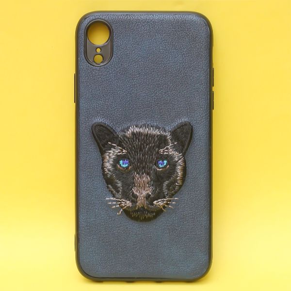 Dark Blue Leather Black Panther Ornamented for Apple Iphone XR