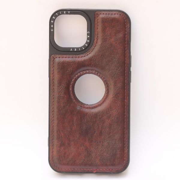 Puloka Dark Brown Logo cut Leather silicone case for Apple iPhone 13