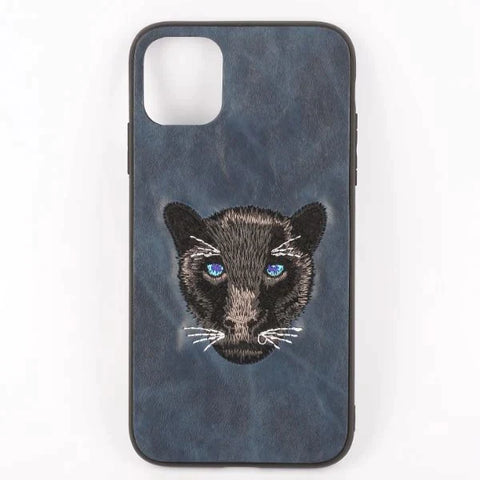 Dark Blue Leather Black Panther Ornamented for Apple Iphone 12