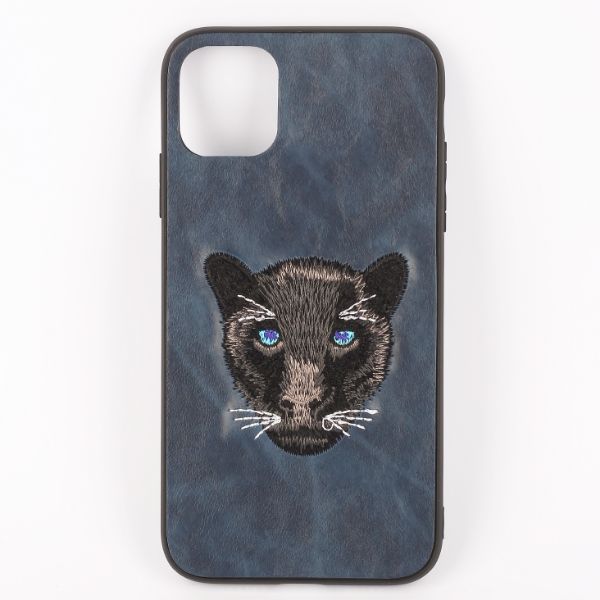 Dark Blue Leather Black Panther Ornamented for Apple Iphone 14 Pro