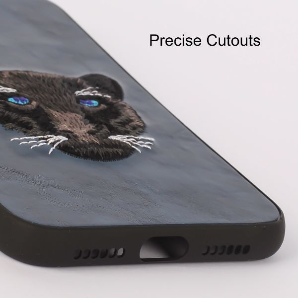 Dark Blue Leather Black Panther Ornamented for Apple Iphone 14 Pro