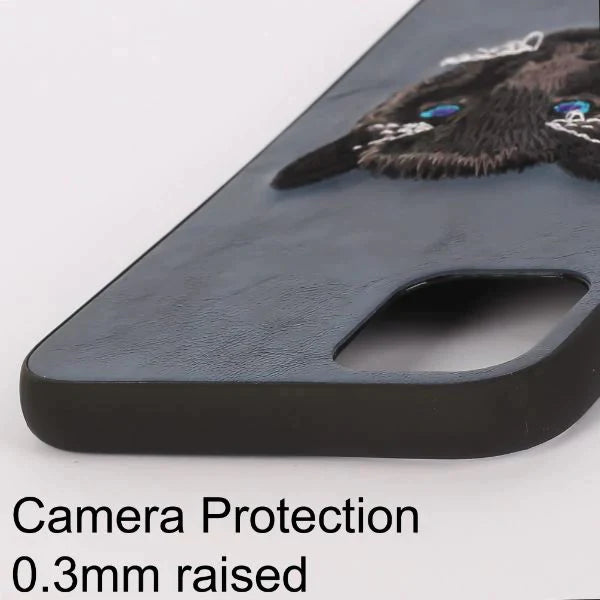 Dark Blue Leather Black Panther Ornamented for Apple Iphone 12