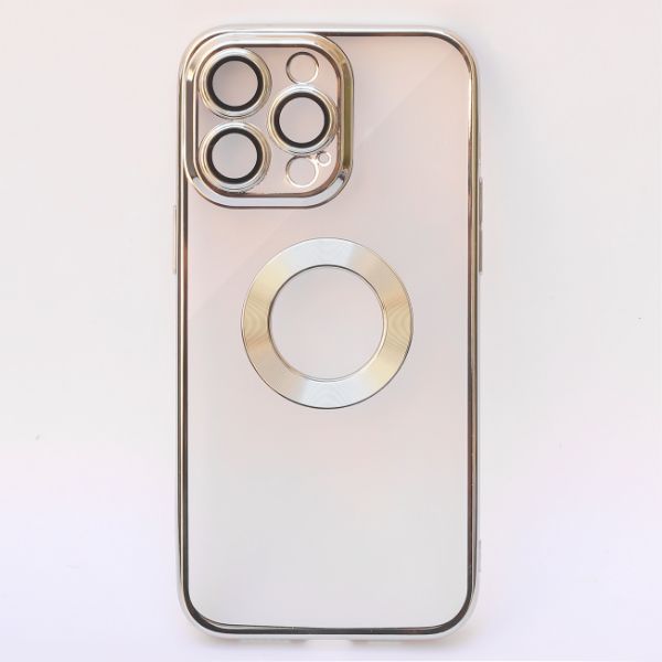 Silver 6D Chrome Logo Cut Transparent Case for Apple iphone 15 Pro