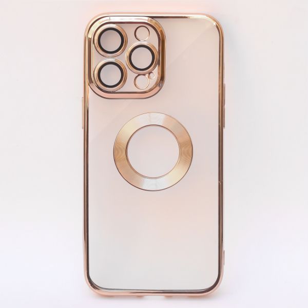 Gold 6D Chrome Logo Cut Transparent Case for Apple iphone 15 Pro