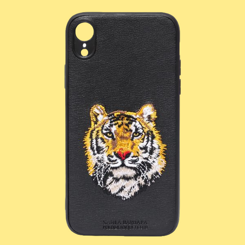 Black Leather Yellow Lion Ornamented for Apple iPhone XR