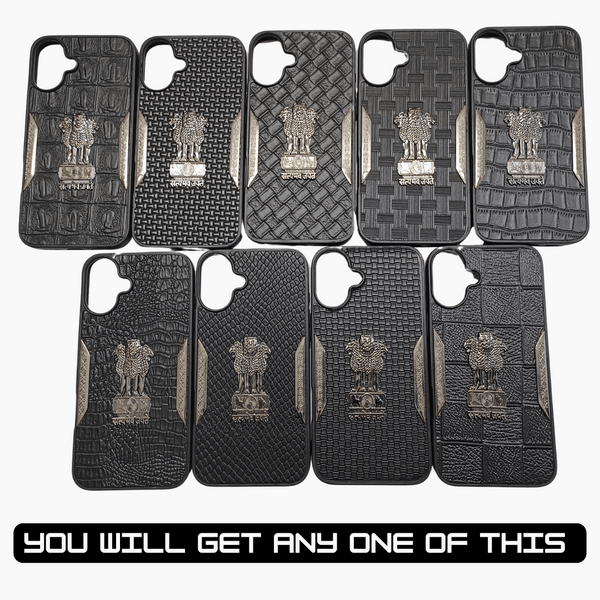 Black Satyameva Jayate embossed Leather Case for Apple iphone 16 Plus