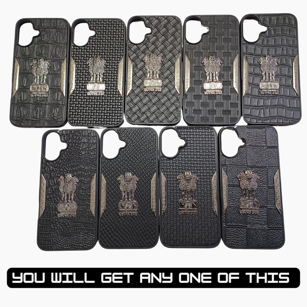 Black Satyameva Jayate embossed Leather Case for Apple iphone 16 Plus