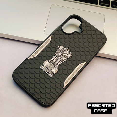 Black Satyameva Jayate embossed Leather Case for Apple iphone 16 Plus