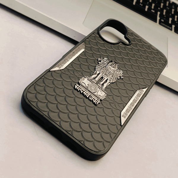 Black Satyameva Jayate embossed Leather Case for Apple iphone 16 Plus