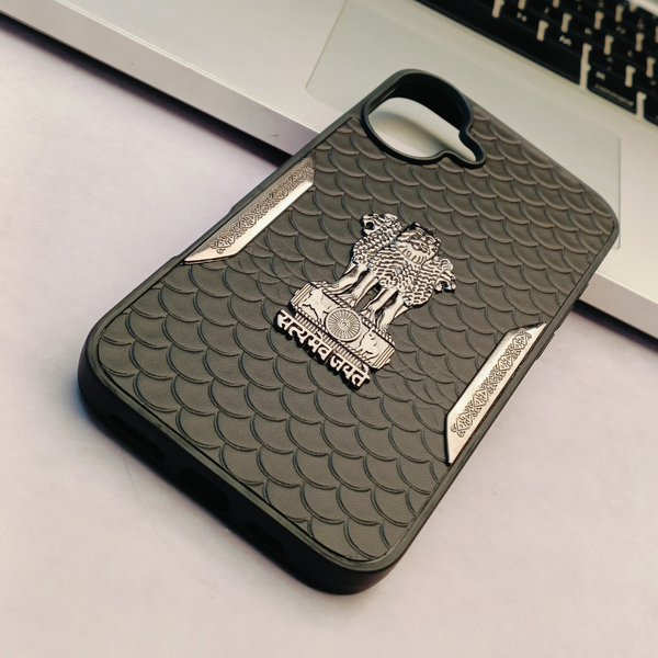 Black Satyameva Jayate embossed Leather Case for Apple iphone 16 Plus