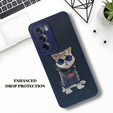 Blue`Leather Cute Cat Camera Ornamented for Oppo Reno 12