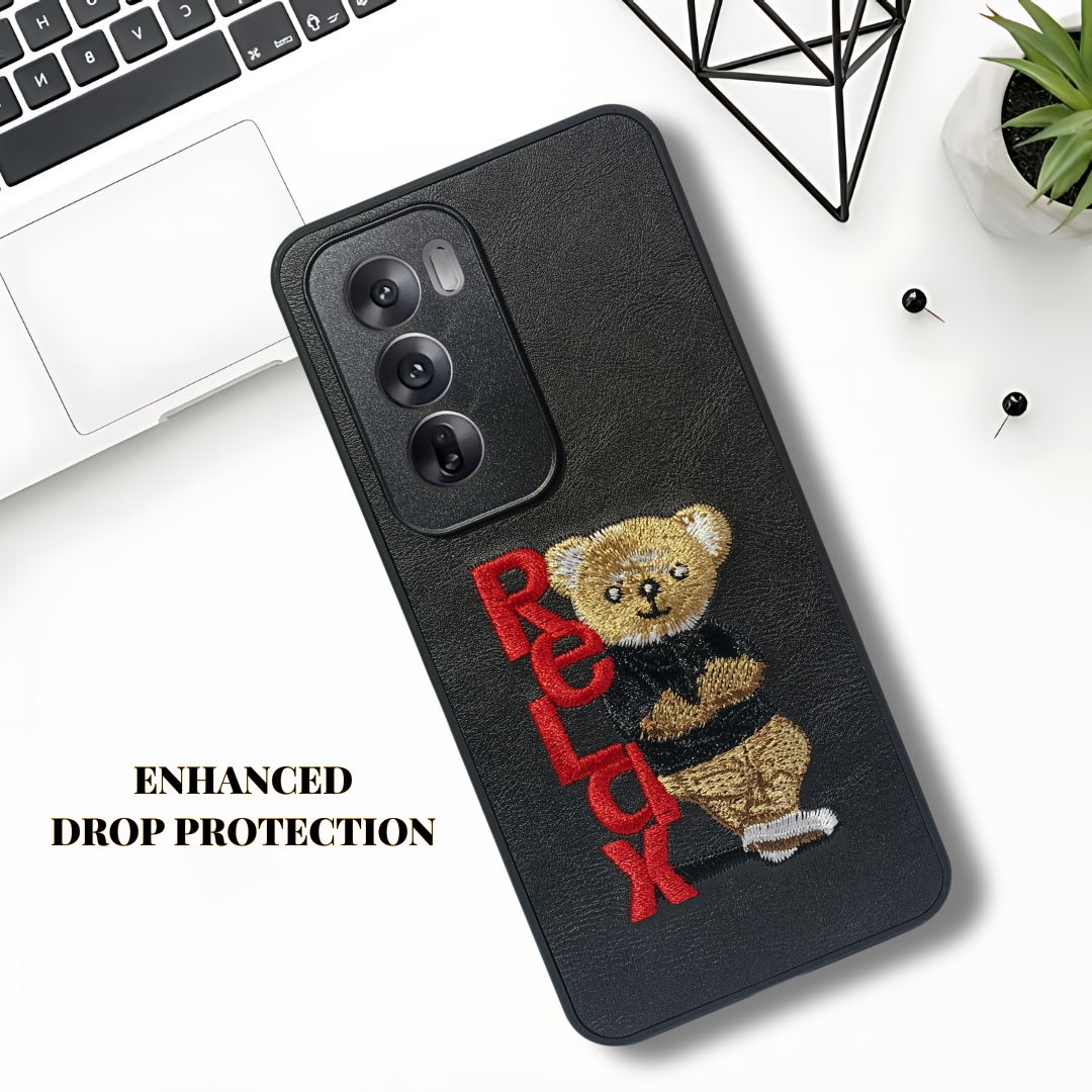 Black Leather Relax Teddy Lion Camera Ornamented for Oppo Reno 12